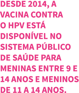 Desde 2014, a vacina contra o HPV est  dispon vel no sistema p blico de sa de para meninas entre 9 e 14 anos e menino   