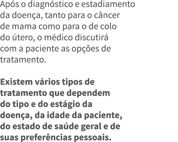 Ap s o diagn stico e estadiamento da doen a, tanto para o c ncer de mama como para o de colo do  tero, o m dico discu   